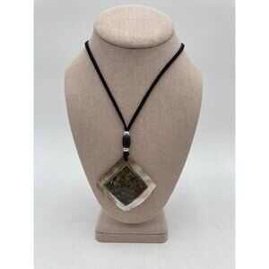Mother-Of-Pearl & Horn Diamond Pendant Necklace On Black Cord Adjustable Jewelry